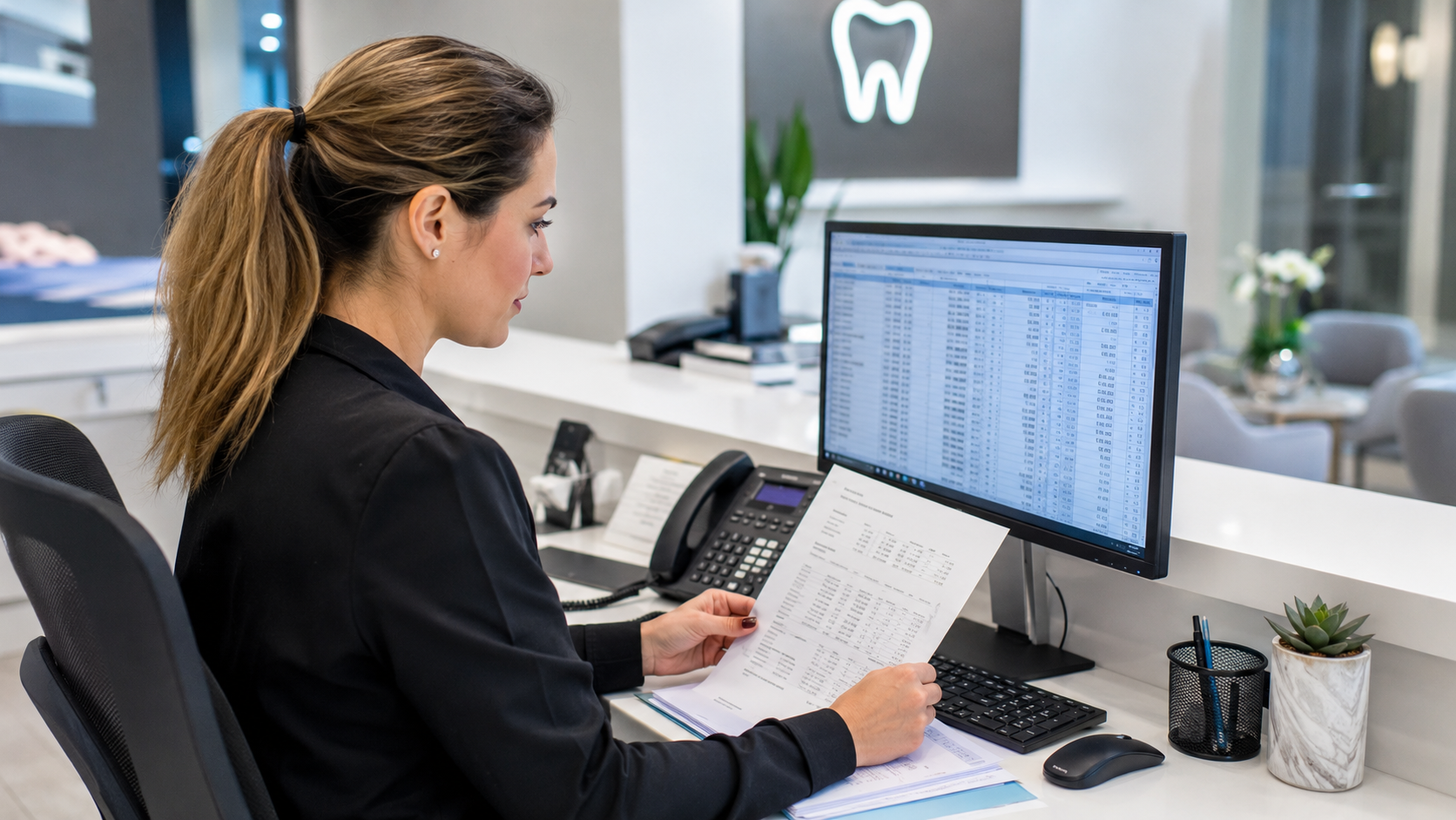 Gestión administrativa de una clínica dental con documentos y ordenador