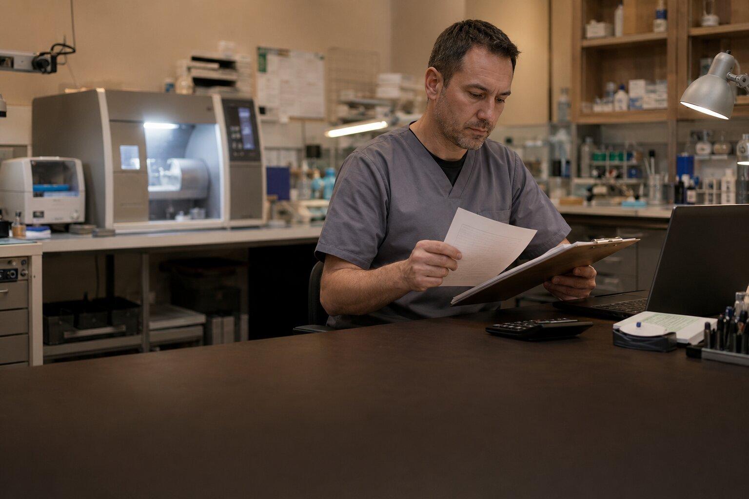 Tecnico odontotecnico che controlla fatture e listino materiali alla scrivania del laboratorio