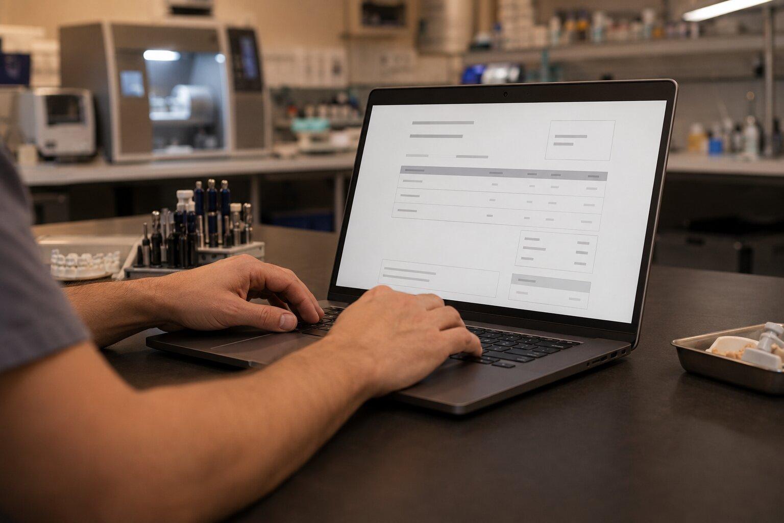 Mani su un laptop con una fattura digitale a schermo nel laboratorio odontotecnico