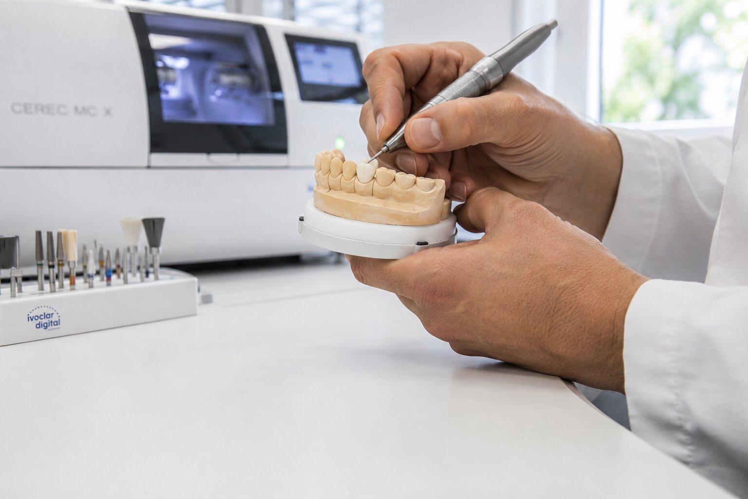 Coronas de circonio terminadas en el banco de trabajo de un laboratorio dental