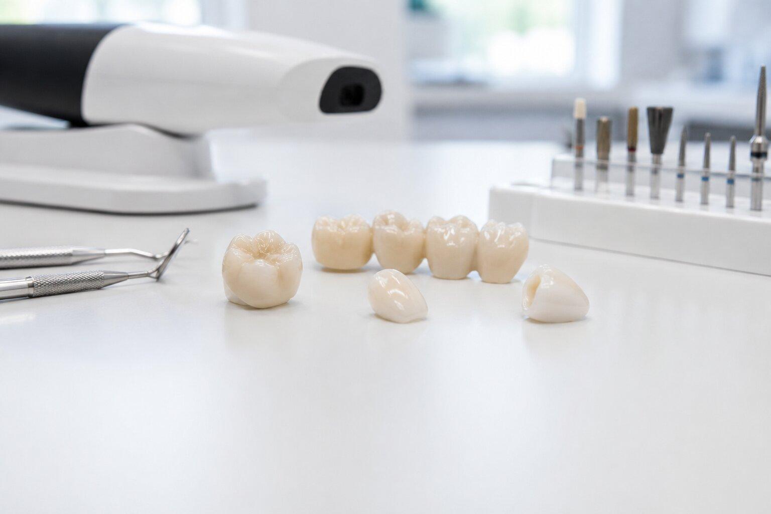 Finished zirconia crowns on a dental lab workbench