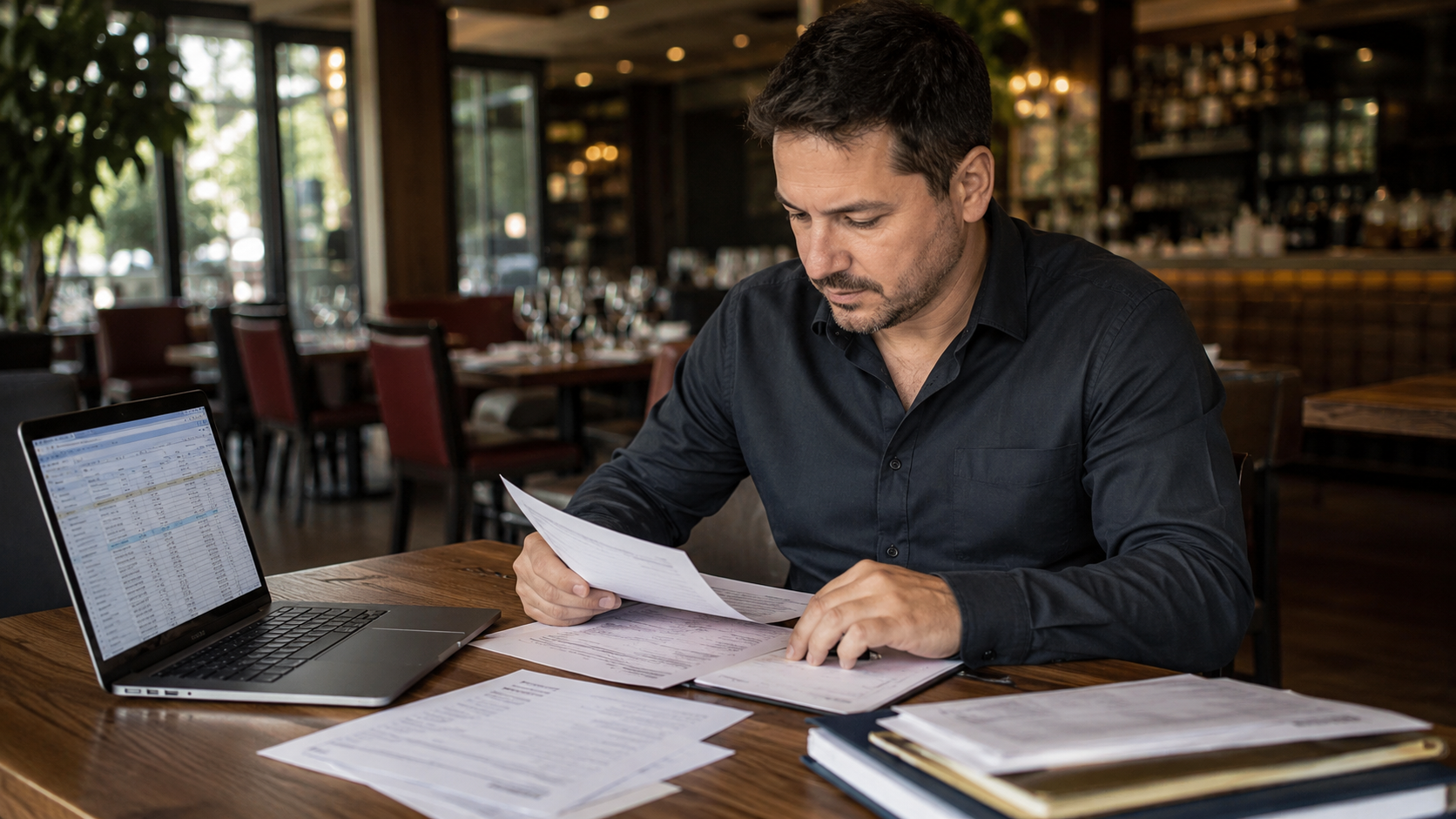 Restaurant owner at a desk reviewing invoices and cost spreadsheets on a laptop