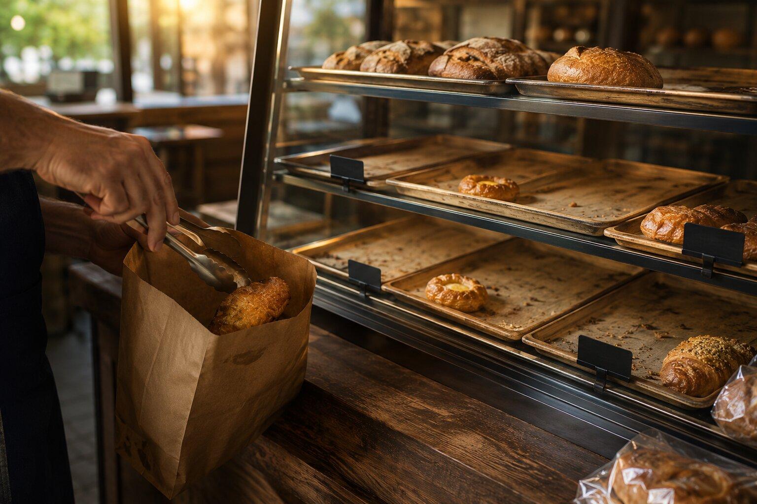Bakery display case at closing time with unsold stock set aside